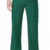 A person wearing green cargo pants with side pockets, standing with hands partially in pockets, on a plain background.