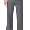 A person wearing gray cargo pants with multiple pockets, standing with their hands partially in front pockets against a plain background.