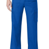 A person wearing blue cargo pants with pockets and black shoes, with hands partially inserted in front pockets.