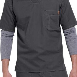 Man wearing a modern charcoal gray SOLID RIPSTOP SCRUB UTILITY TOP (Men's C15108) uniform with a layered long-sleeve shirt underneath, featuring a v-neckline and a chest pocket.
