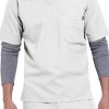 Man wearing a white SOLID RIPSTOP SCRUB UTILITY TOP (Men's C15108) with a gray layered undershirt and matching scrub pants.