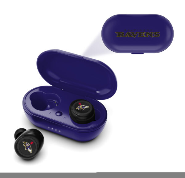 Baltimore ravens branded wireless earbuds with an open charging case, showcasing the earbuds marked with the team logo on a white background.
