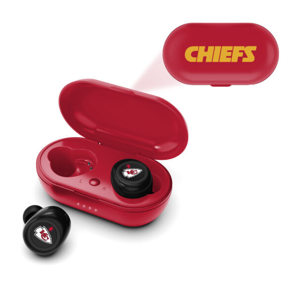 NFL True Wireless Earbuds Version 2 with kansas city chiefs logo on case and earpieces, case open showing both earbuds.