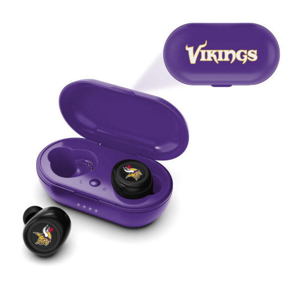 NFL True Wireless Earbuds Version 2 with a viking helmet logo on each, stored in an open matching charging case labeled "vikings.