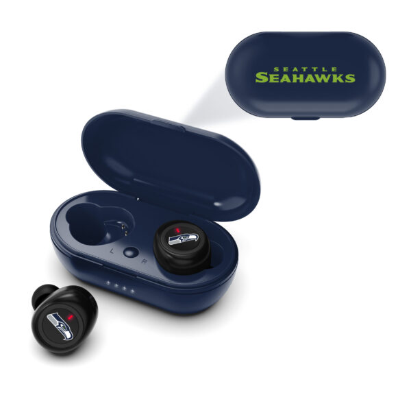NFL True Wireless Earbuds Version 2 with charging case, one earbud outside the case, displayed on a white background.