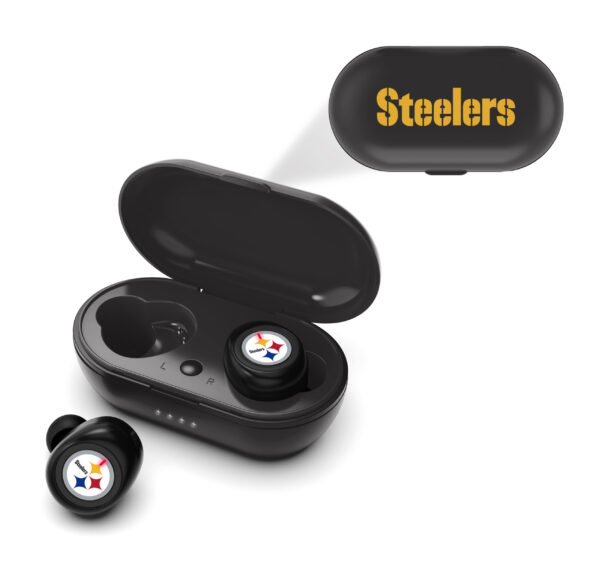 NFL True Wireless Earbuds Version 2 with pittsburgh steelers logo on each bud and the charging case, isolated on a white background.