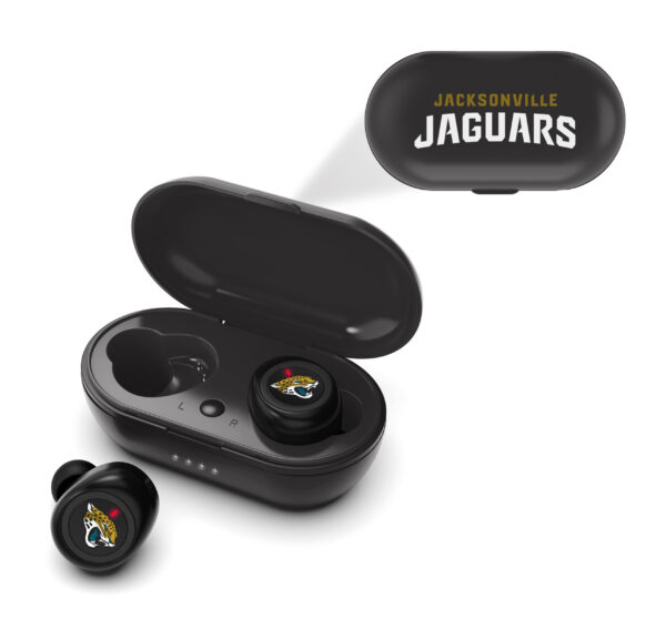 Jacksonville jaguars branded NFL True Wireless Earbuds Version 2 and charging case, with the earbuds displaying the team logo, on a white background.
