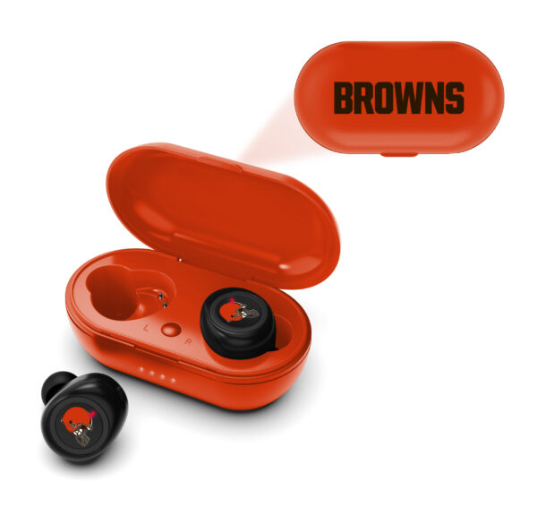 NFL True Wireless Earbuds Version 2 with charging case opened, displaying the earbuds and the Cleveland Browns logo on the case lid.