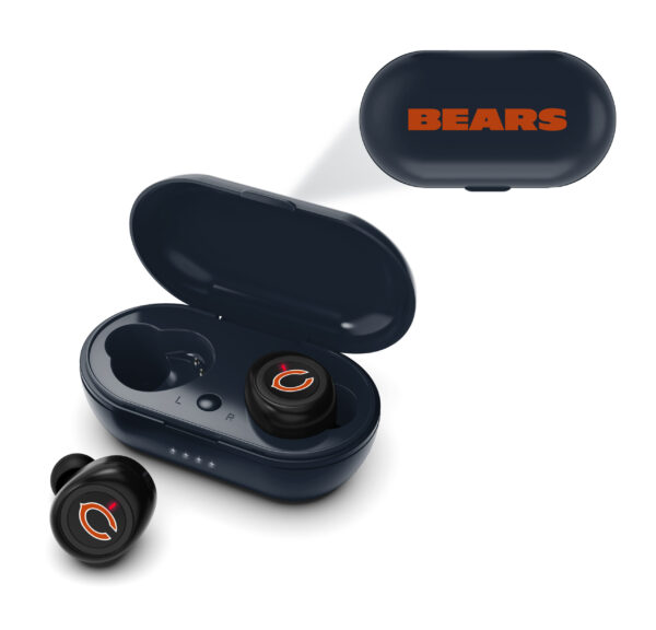NFL True Wireless Earbuds Version 2 with charging case, decorated with the "bears" logo and an orange and black color scheme, shown open and with one earbud beside it.