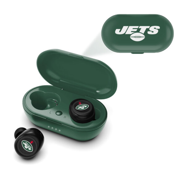 NFL True Wireless Earbuds Version 2 with charging case, featuring the New York Jets logo on the earbuds and case lid.