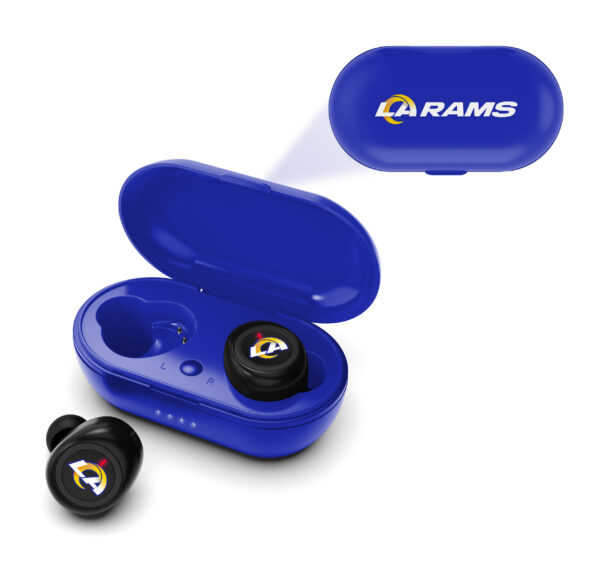Blue wireless earbuds with a logo, placed next to an open charging case displaying the same logo on a white background.