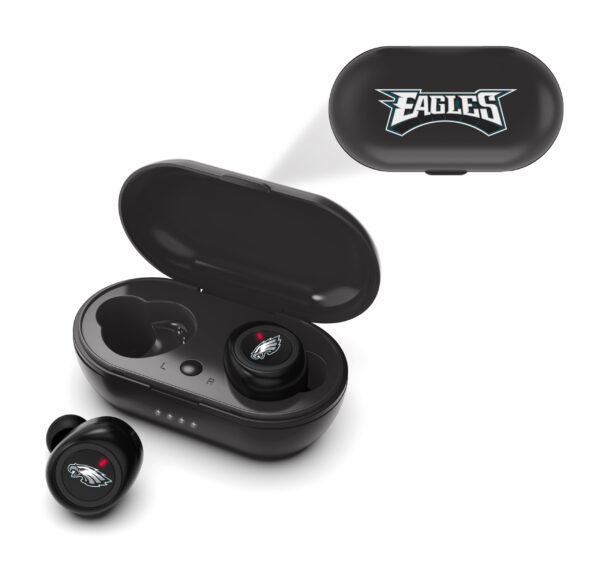 NFL True Wireless Earbuds Version 2 in an open charging case, featuring the team logo on the case and each earbud.