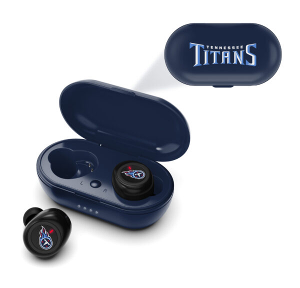 NFL True Wireless Earbuds Version 2 with Tennessee Titans logo, displayed alongside an open case with the team's branding, set on a white background.