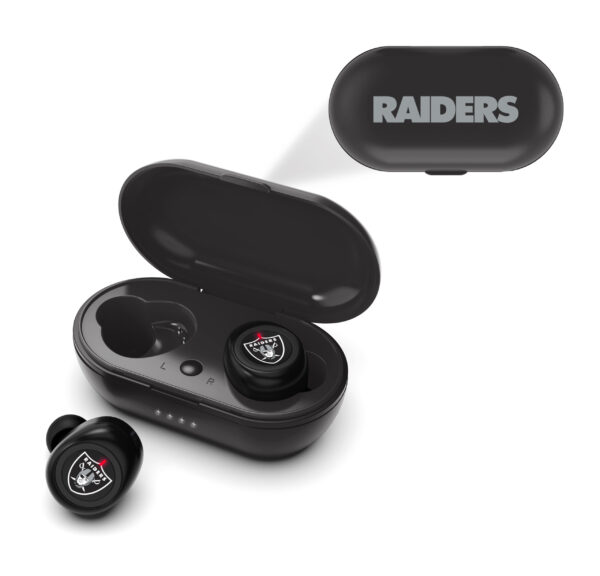 NFL True Wireless Earbuds Version 2 with a Las Vegas Raiders logo on each bud, displayed next to their open charging case with "Raiders" printed on the lid.