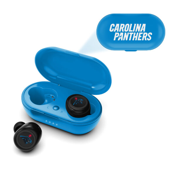 Carolina panthers branded blue wireless earbuds with charging case, displaying the logo on the case and earbuds. the case lid is open.