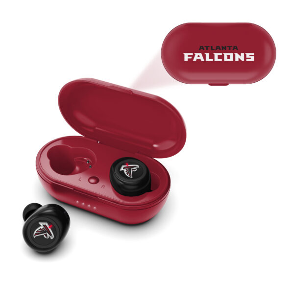 NFL True Wireless Earbuds Version 2 with open charging case displaying the falcons logo on the earpieces.