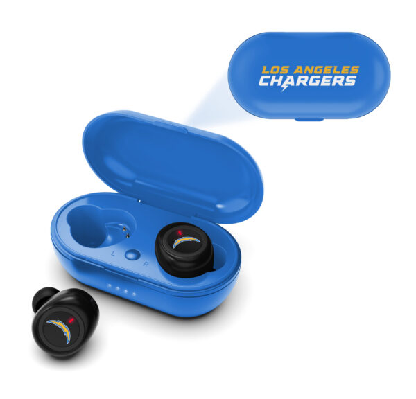 NFL True Wireless Earbuds Version 2 with charging case, featuring the los angeles chargers logo on the lid, isolated on white background.