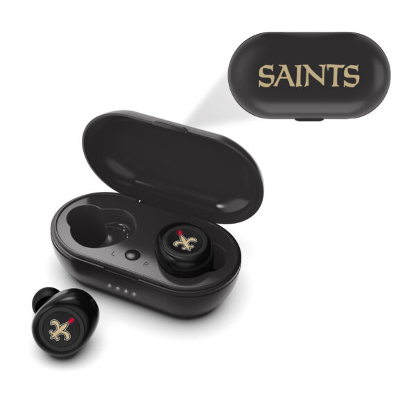 NFL True Wireless Earbuds Version 2 with a gold fleur-de-lis logo, inside an open case marked "saints" on the lid, isolated on a white background.