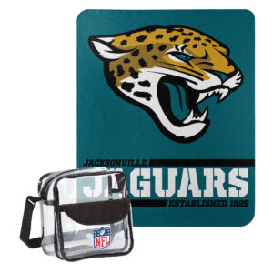 Jacksonville jaguars NFL Dream Team Tote with 50" x 60" Fleece Throw Blanket-themed notebook with a stylized jaguar face logo and a transparent zippered pouch containing a few small items.