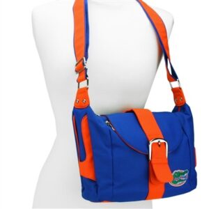A blue and orange messenger bag with The Kirsten ( Florida Gators) logo, displayed on a mannequin torso.