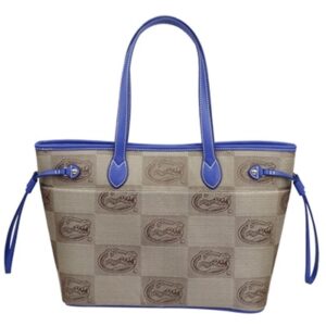 Beige The Safari Handbag (Florida Gators) with blue handles featuring an all-over pattern of stylized crocodile logos.