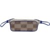 Beige and brown patterned fabric clutch with a blue zipper and wrist strap on a white background.