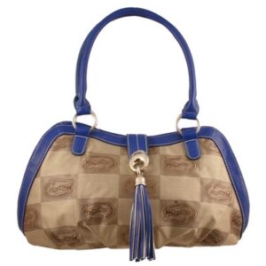 Designer handbag with blue leather handles and trim, featuring a beige fabric body with a repeating logo pattern and a central tassel detail. 
Product Name: The Patriot Handbag (Florida Gators)