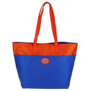 Blue and orange tote bag with The Phyllis Handbag (University of Florida Gators) logo on the front, featuring long orange handles.
