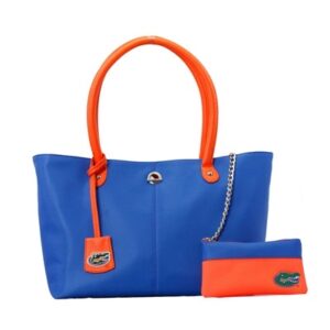 Blue tote bag with orange handles and a small orange wallet, accompanied by a matching blue clutch with a chain strap, featuring The Pamela (Florida Gators) logo.