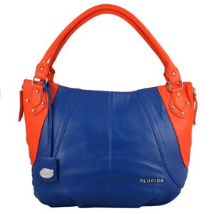 Blue and orange leather handbag with two handles, embellished with silver hardware and a tag labeled 'The Sultan Handbag (Florida Gators)'.