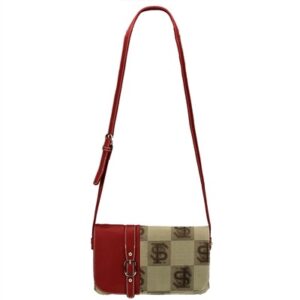 Red and beige designer shoulder bag with a long strap and a pattern featuring dollar sign motifs - The Navajo 8588 FLORIDA STATE