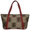 Beige designer tote bag with The Missy 8510 FLORIDA STATE pattern and red leather handles and trim.
