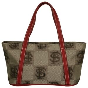 Beige designer tote bag with The Missy 8510 FLORIDA STATE pattern and red leather handles and trim.