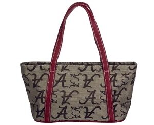 A Missy 8510 Alabama with a beige monogrammed print and contrasting red handles.