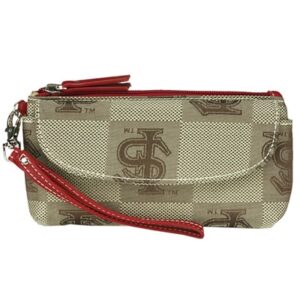 Small designer Signature Wrist Bag Wilma 8881 FLORIDA STATE with beige monogram canvas and red zipper details, isolated on a white background.