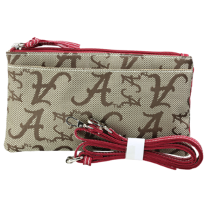 A Shane Crossbody Wristlet 8182 ALABAMA with a pattern of interlocking letters and a red detachable strap.