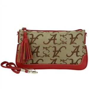 Designer canvas clutch with monogram print and red leather accents, featuring a tassel and detachable strap, The Oxford 8544 ALABAMA.