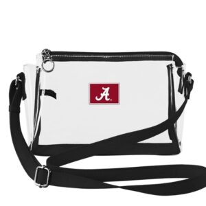 Small clear handbag 4156 Alabama featuring a black strap and trim with a red and white "a" logo on the front.