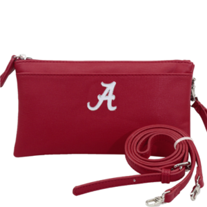 Haley Wallet 6182 ALABAMA with a white letter 'a' embroidered on it, featuring a detachable strap and silver hardware.