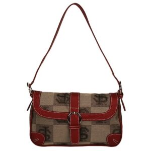 A designer shoulder bag featuring a Darling 8632 FLORIDA STATE with red leather accents and a central buckle closure.