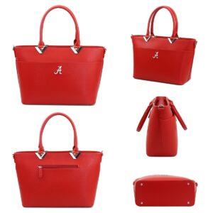 Six views of a Helga Handbag 6211 ALABAMA tote bag with a silver letter 'a' emblem, showing front, back, sides, top, and bottom angles.