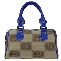 A beige designer handbag with a pattern of repeated logos, featuring bright blue handles and trim, The Velvet 8537 Florida Gators.