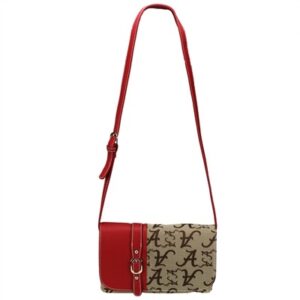 A red and beige Navajo 8588 ALABAMA crossbody bag with a prominent logo pattern and an adjustable strap.