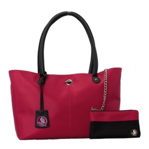 A red Pamela 9035 FLORIDA STATE with black handles, accompanied by a small matching clutch with a chain strap and a black wallet.
