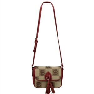 A small crossbody bag featuring a Vintage 8597 FLORIDA STATE dollar sign print, adorned with red accents and a tassel, displayed against a white background.