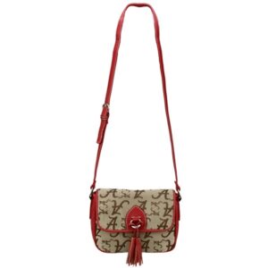 A tan shoulder bag with a red trim and strap, featuring a monogram pattern and a tassel detail on the front flap of The Vintage 8597 ALABAMA.