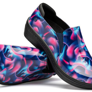 A pair of slip-on shoes with a colorful, abstract blue and pink design on a white background.
