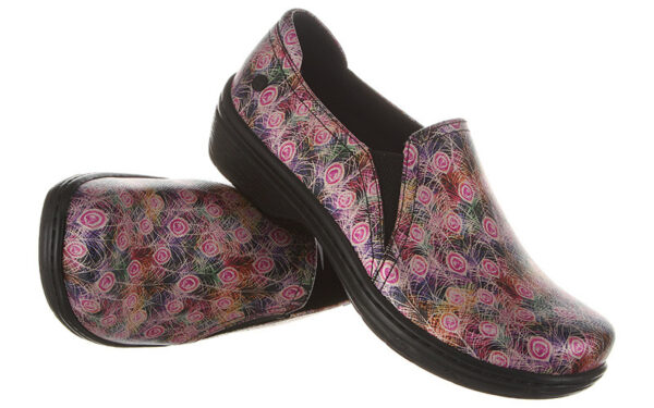 A pair of Moxy by Klogs Footwear with a vibrant, multicolored swirl pattern on a white background.