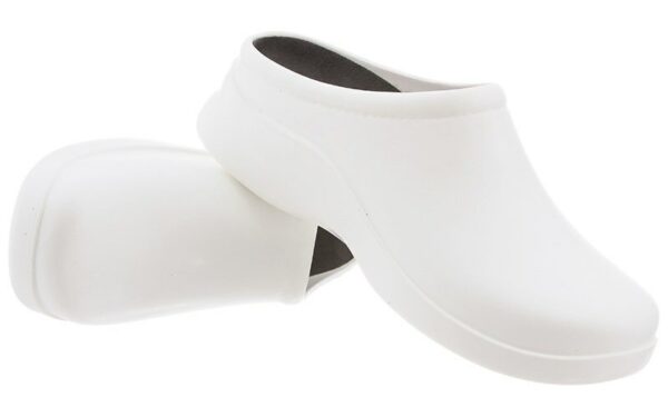 A pair of white, slip-on Dusty clogs isolated on a white background.