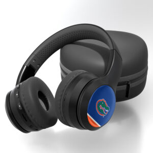 Florida Gators Stripe Headphones with Case with a florida gators logo on one earcup, placed next to a carrying case on a white background.
